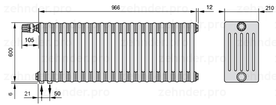 Схема (чертеж) Радиатор Zehnder Charleston 6060/21 №V001 Белый глянцевый RAL 9016